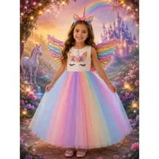 Fantasia Vestido Infantil Princesa Unicórnio Com Saia de Tule Colorida Com Tiara de led & Asa