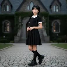 Fantasia Completa Vestido Vandinha Addams + Brinquedo Maozinha Emborrachada ou com peruca
