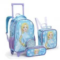 Kit Mochila de Rodinha Lancheira Estojo Infantil Menina Frozen Aventura Congelante