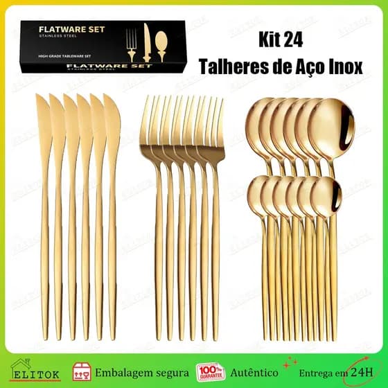 Kit 24 Jogo De Talheres Inoxidável 416 Suprimentos De Cozinha Talheres de Dourados Talheres