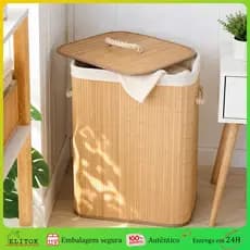 Cesto de Roupa Suja Bambu Grande 72 Litros Com Tampa Alças Dobrável Forrado Organizador Banheiro Lavanderia