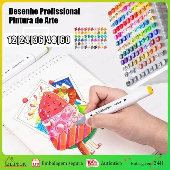 12/24/36/48/60 Cores Caneta Marcadora Touch com Ponta Dupla Preta p/ Desenho Profissional e Pintura de Arte