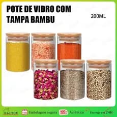 Kit 6 Potes De Vidro para Mantimentos com Tampa Bambu 200ML Potes Herméticos Adequado para frutas secas e especiarias