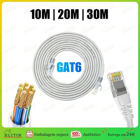 Cabo de Rede RJ45 Cat6e  Alta Velocidade para Internet – 10M 20M 30M, Uso Interno e Externo, Conexão Estável