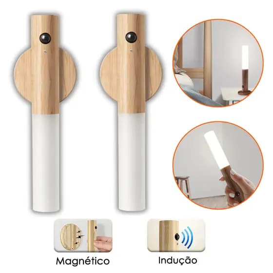 2 peças Luz Noturna Luminária de Noite Sensor Movimento Madeira Magnética Sem Fio USB Recarregável