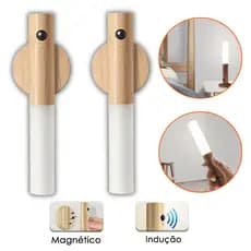 2 peças Luz Noturna Luminária de Noite Sensor Movimento Madeira Magnética Sem Fio USB Recarregável