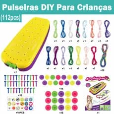 Kit de Fazer Pulseiras 112 Peças DIY Infantil com Fios Coloridos, Botões e Ferramentas de Trançar