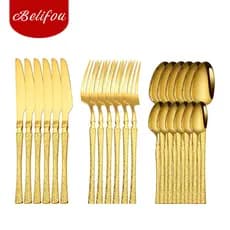 Belifou Kit 24 Jogo De Talheres Aço Inoxidável Cintura Fina Textura Dourado