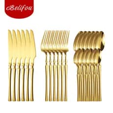 Belifou Kit 24 Jogo De Talheres Aço Inoxidável Cintura Fina Dourado