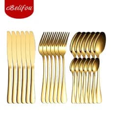Belifou Kit 24 Jogo De Talheres Para Bife Aço Inoxidável Dourados Com Colher Pequena