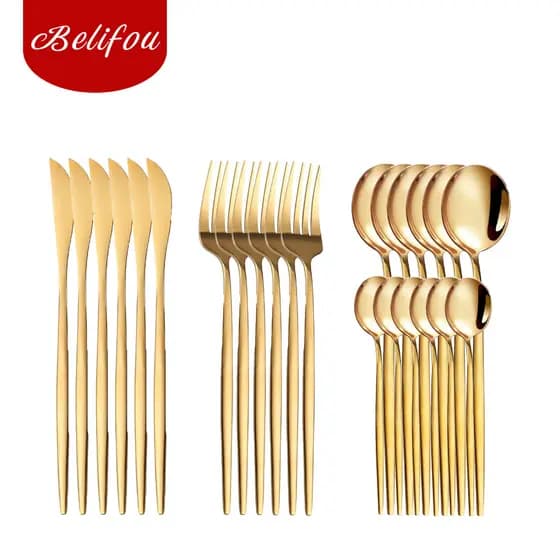 Belifou Kit 24 Jogo De Talheres Inoxidável Suprimentos De Cozinha Talheres de Dourados Talheres