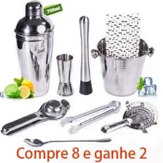 Kit Barman Profissional Coqueteleira Boston 750ml Inox 10 Pçs + Suporte de Bambu Premium
