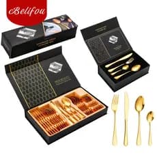 Belifou Conjunto De Talheres De Ouro Com Kit 24 Conjunto De Faca E Garfo Caixa De Presente