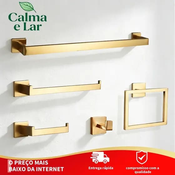 Kit Acessórios Para Banheiro Completo 5 Peças Inox 40/60cm Toalheiro De Banheiro Dourado Escovado