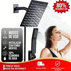 Kit Ducha Chuveiro De Banheiro 30cm Inox Quadrada Com Ducha Manual+1,5m Mangueira Preto/Cromado