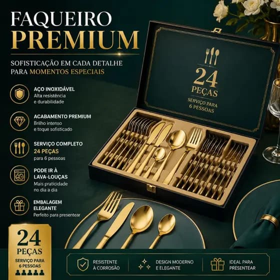 AUXOM 24 Piece Gold Cutlery Set Stainless Steel 416 Wooden Box