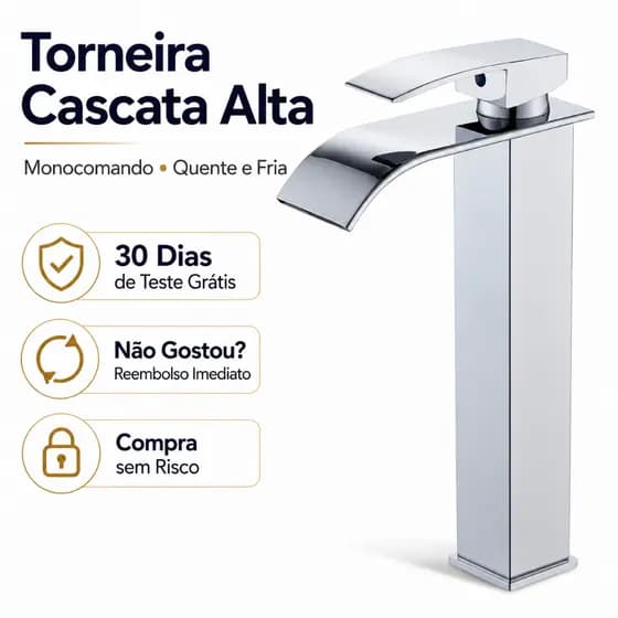 Torneira Cascata Alta Prata Monocomando Banheiro Água Quente Fria Bica Longa Para Cuba