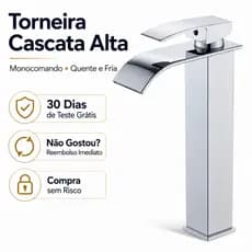 Torneira Cascata Alta Prata Monocomando Banheiro Água Quente Fria Bica Longa Para Cuba