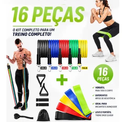Kit 11 Elásticos Extensores + 5 Mini Band Para Ginástica Treino Funcional Yoga Pilates Fisioterapia