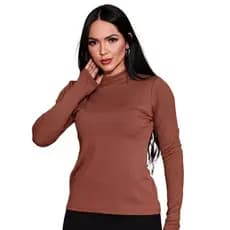 T-Shirt Blusa Feminina Manga Longa Gola Alta Cacharrel Moda Casual