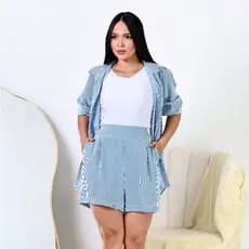 Conjunto Casual Feminino De Camisa Listrada e Shorts De Verão
