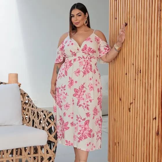 Vestido Mide Estampado Floral De Alça Plus Size
