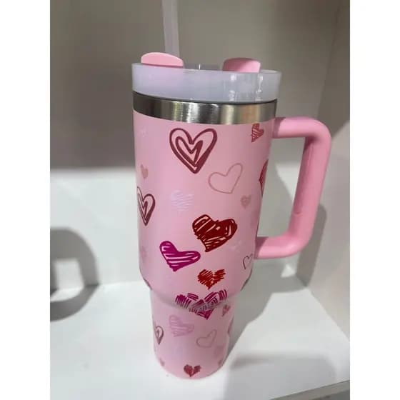 Copo Garrafa Tampa Alça Térmico Love com Canudo 1200ml - Estilo Fofo