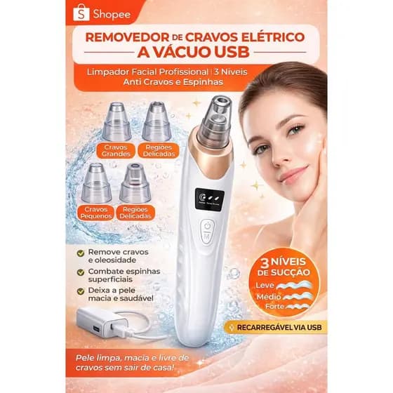 Removedor de Cravos Elétrico a Vácuo USB Limpador Facial Profissional 3 Níveis Anti Cravos e Espinhas