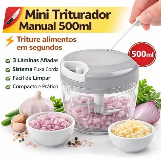 Mini Triturador Manual 500ml 3 Lâminas Processador de Alimentos Cozinha