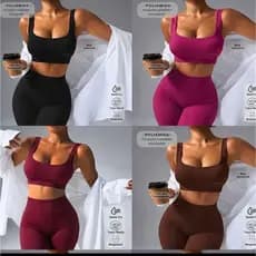 Conjunto Fitness Feminino Canelado Poliamida Legging Cintura Alta Top Com Bojo NS-129