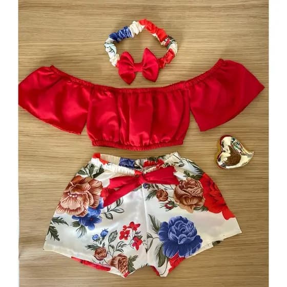 Ciganinha em Rosas (0 a 7 anos!) Blusa+Short+Tiara Só Hoje Promoção recém-nascido e crianças conjunto