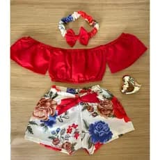 Ciganinha em Rosas (0 a 7 anos!) Blusa+Short+Tiara Só Hoje Promoção recém-nascido e crianças conjunto