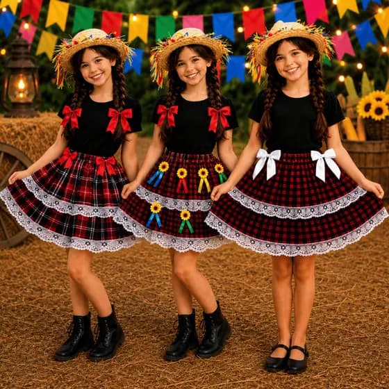 Saia Caipira Junina Infantil Xadrez Com Renda  Aplique De Girassol 3D e Fitas Coloridas