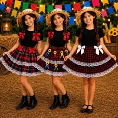 Saia Caipira Junina Infantil Xadrez Com Renda  Aplique De Girassol 3D e Fitas Coloridas