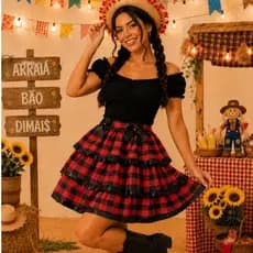 Saia Caipira Festa Junina Xadrez Rodado Com Renda E Laço