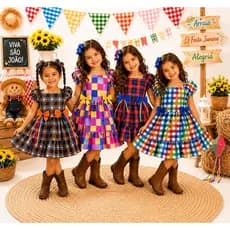 Vestido Infantil Festa Junina Caipira Rodado Xadrez Com Laços Coloridos São João