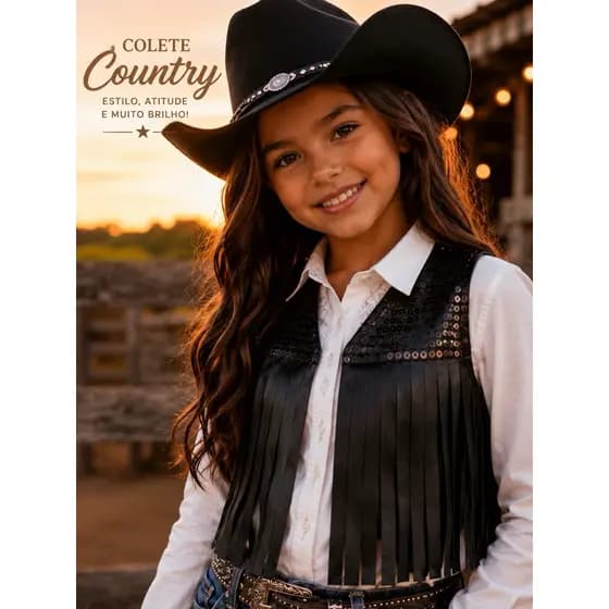 Colete Country Infantil Feminino Com Franjas e Paetês Preto Festa Junina Rodeio Boiadeira Cowboy