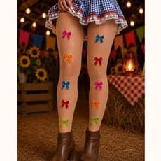 Meia Calça Fina Fio 20 Festa Junina Com Apliques De Laços Coloridos 3D