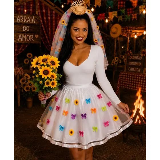 Kit Noiva Caipira Festa Junina Feminina Saia Tule com Apliques + Tiara Véu + Buquê Girassol Arraiá