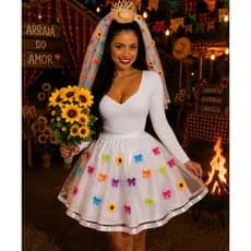 Kit Noiva Caipira Festa Junina Feminina Saia Tule com Apliques + Tiara Véu + Buquê Girassol Arraiá