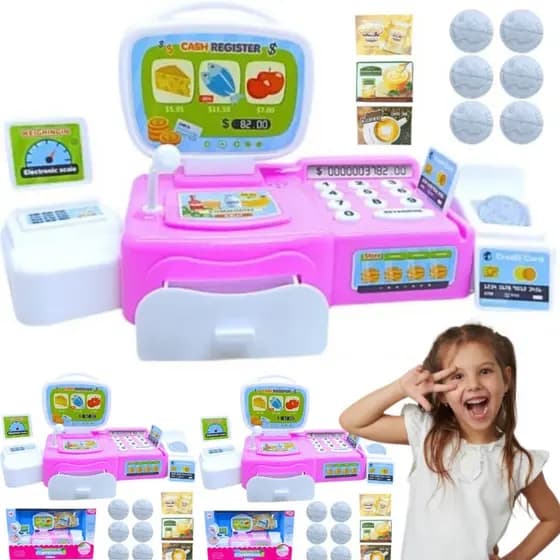 KIT 2 Brinquedo Caixa Registradora COM GAVETA E SCANNER + MOEDAS + CARTÃO Mini Mercado Luz E Som