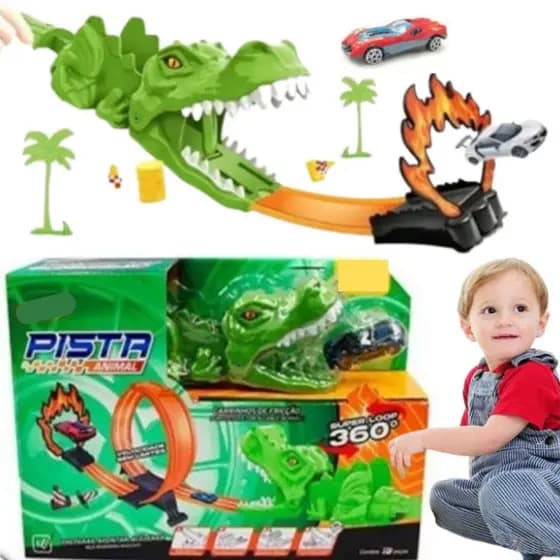 PISTA ANIMAL COM LANÇADOR TUBARÃO JACARÉ DINO LOOPING 360 RADICAL CARRINHO FRICÇÃO CIRCULO DE FOGO