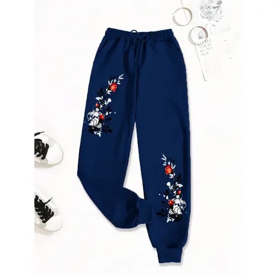 Calça Moletom Feminina Jogger Casual Streetwear Floral Estampada 100% Algodão Confortável com Bolso
