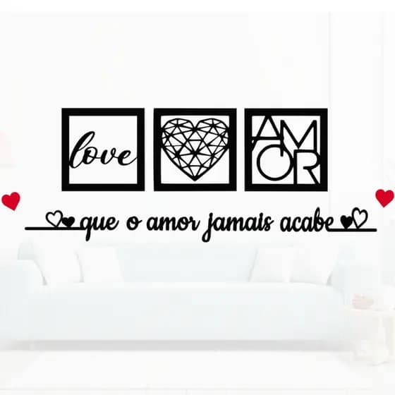 Kit 3 Quadros Decorativos + Frase Que o Amor Jamais Acabe Frase de Parede Quarto Ou Sala