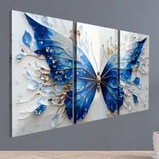 kit Quadro Decorativo 3 Peças Borboleta Azul luxo Sala, Quarto, Escritório