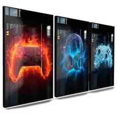 Quadro Decorativo Video Game Controle Fone Tríade Elemental do Universo Gamer