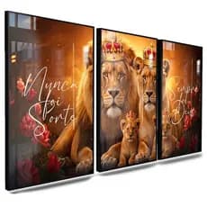 Quadro Decorativo Leão Leoa Família Reino Da Fé Herança e Coragem Força e Propósito