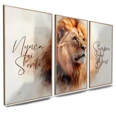 Quadro Decorativo Leão Motivacional Nunca Foi Sorte Sempre Foi Deus Fé Força e Inspiração 122x60