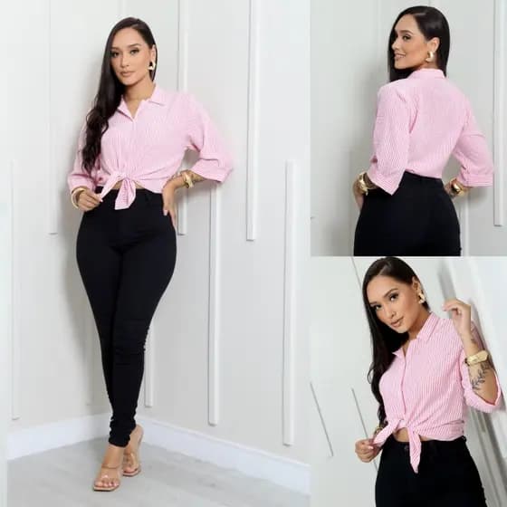 CAMISA FEMININA LISTRADO E LISA MANGA 3/4 COM BOTÕES 11