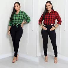 CAMISA XADRES FEMININA E MANGA 3/4 TECIDO CREPINHO